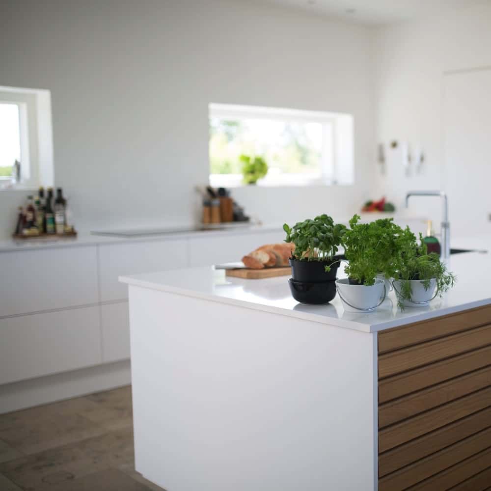 white kitchen island and counters